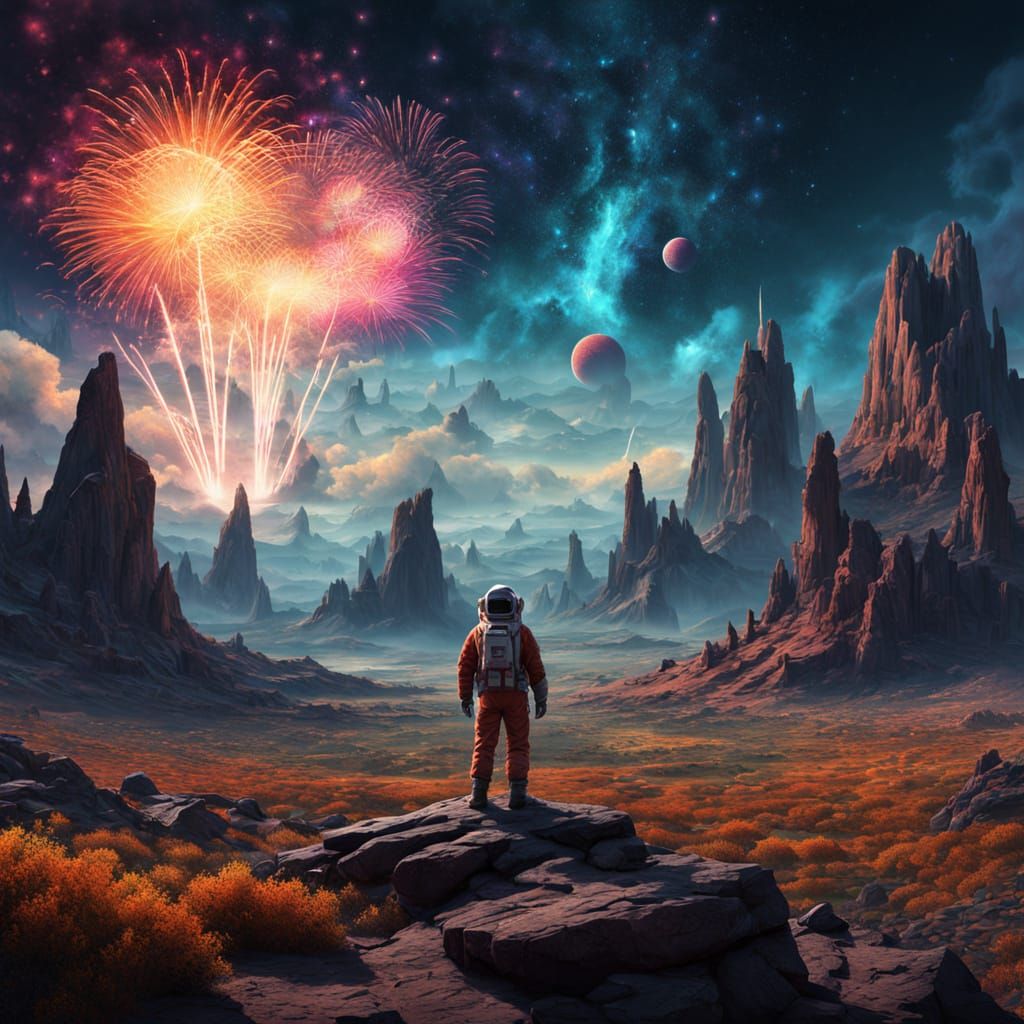 Astronaut Gazes at Cosmic Fireworks on Alien Planet