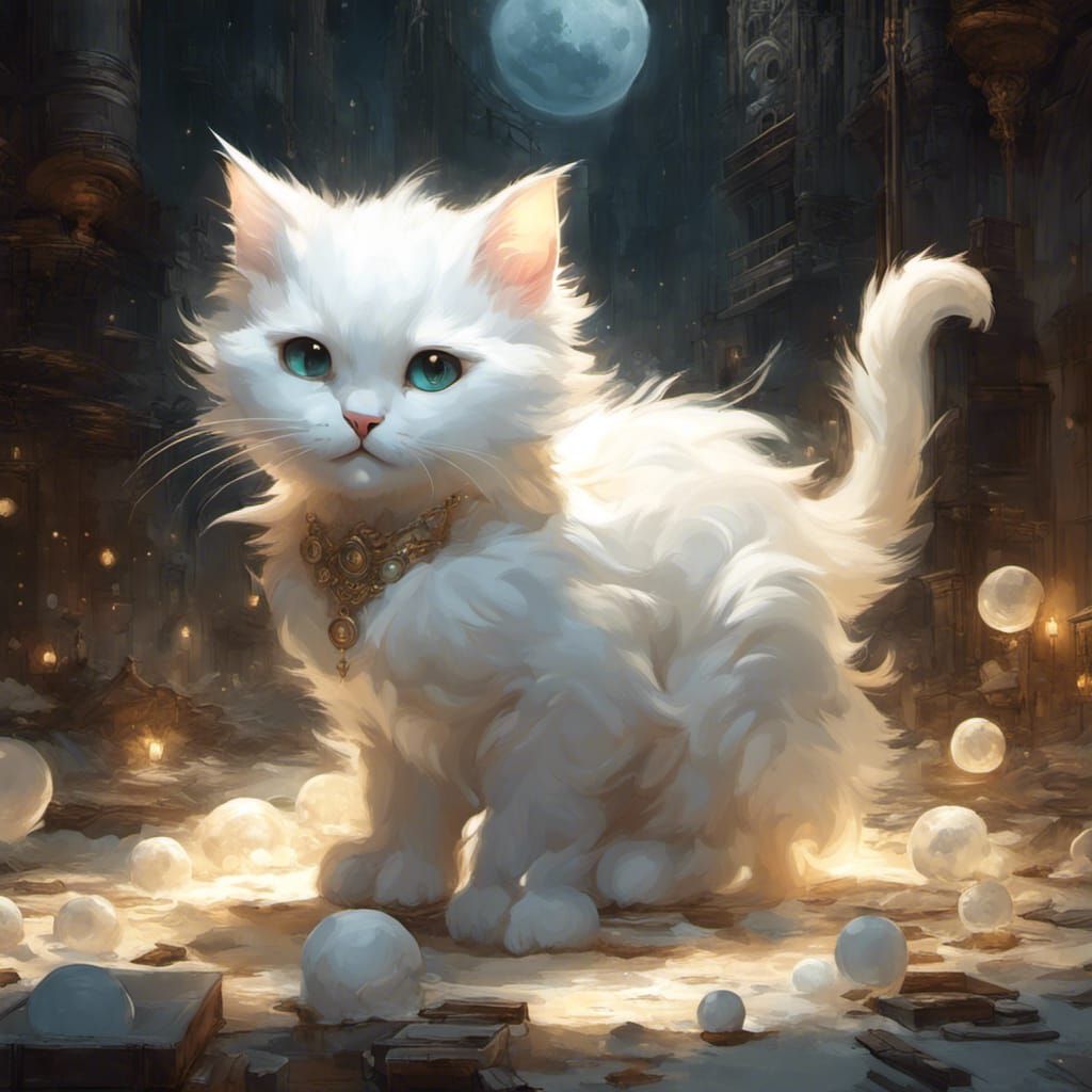 Chibi White Cat Ghost in Maximalist Style