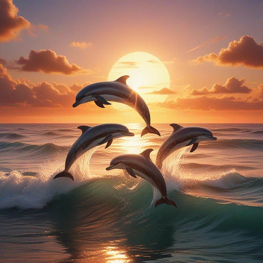 Dolphins Leap in Crimson Sunset Waves