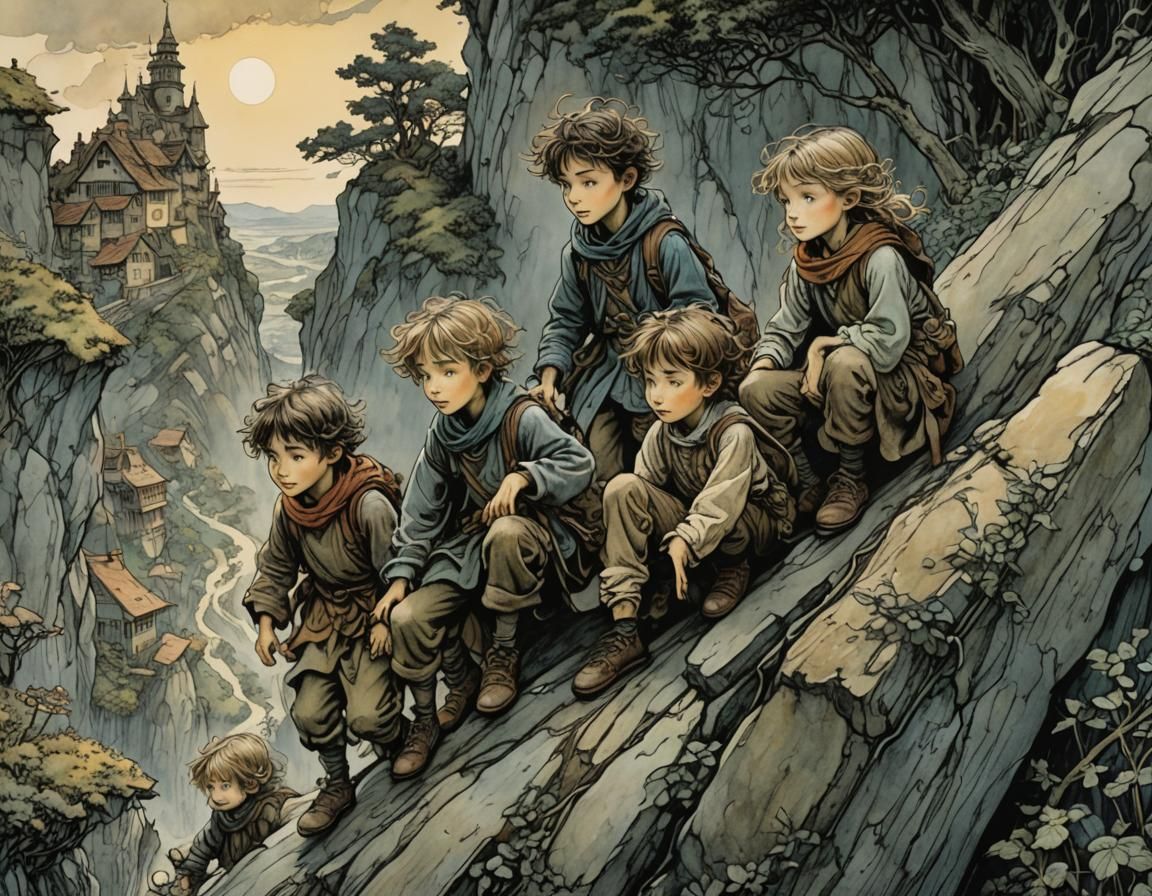 Children Climb Hill at Dusk: Detailed Digital Illustration