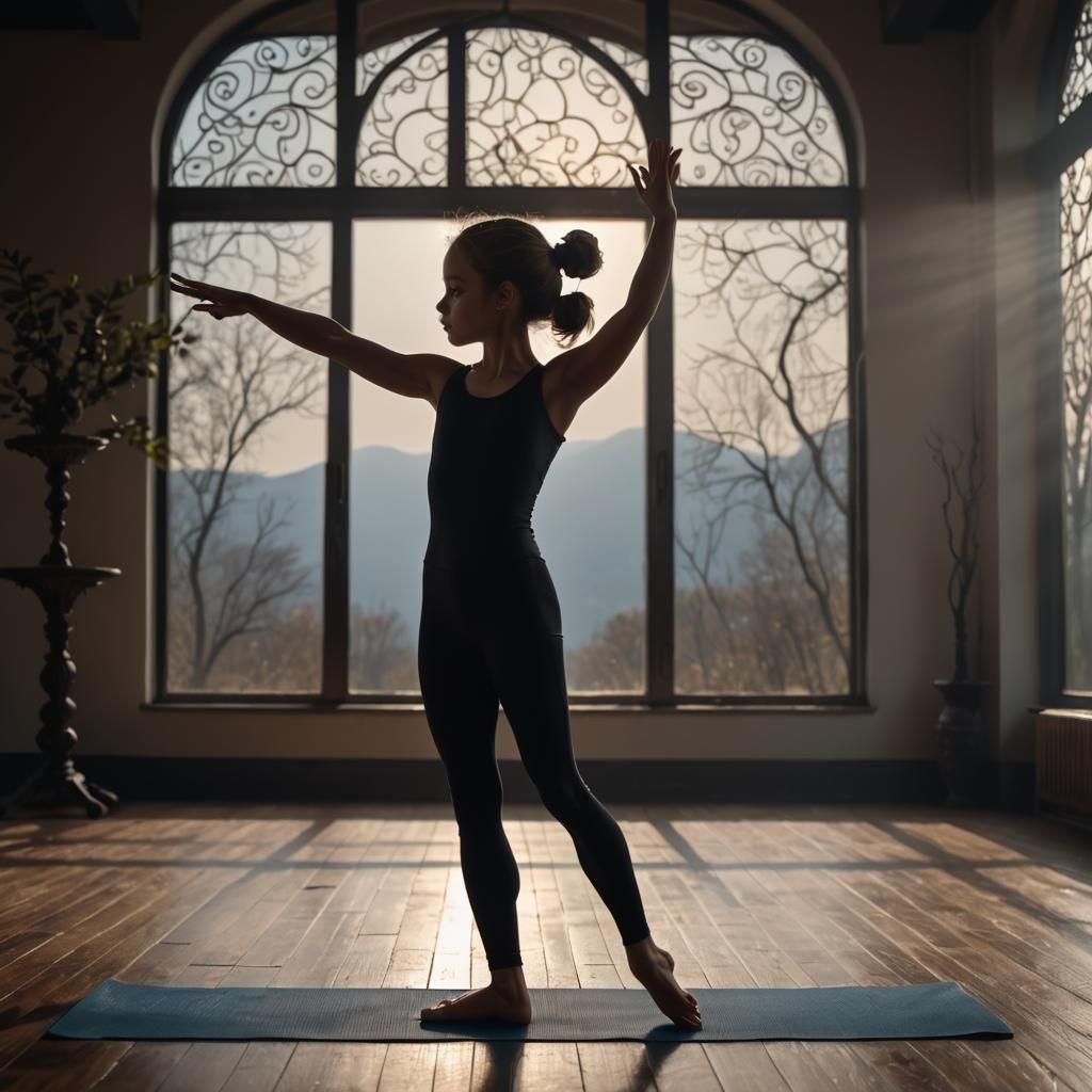 Silhouette of Young Girl Doing Yoga in HDR