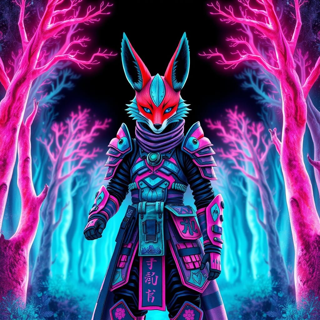 Whimsical Cyberpunk Kitsune Warrior in Striped Armor
