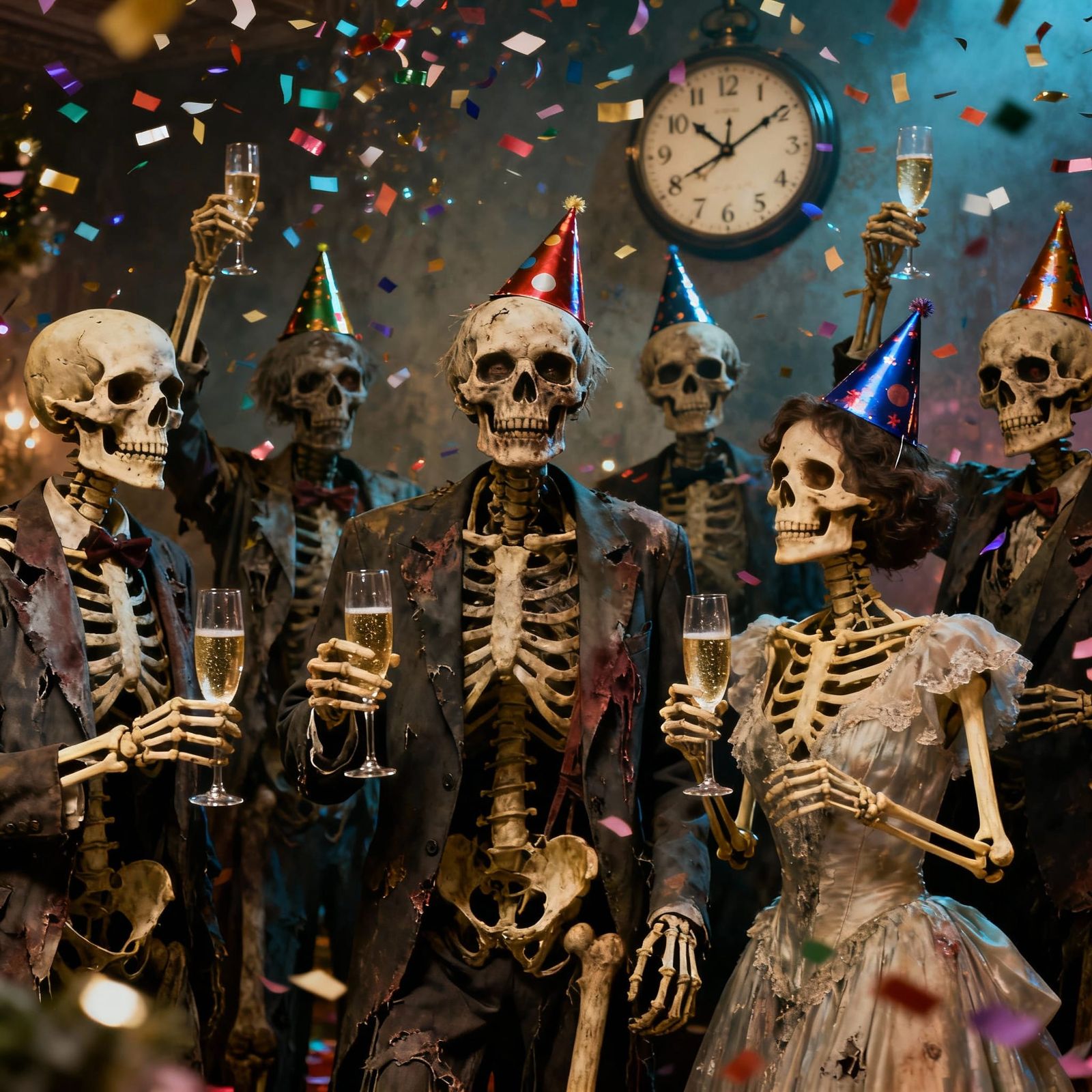 Skeletons in Rotting Attire Celebrate New Year's Eve