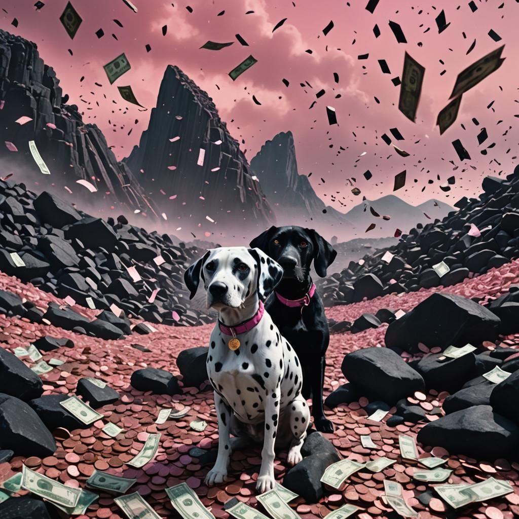 Money Rain on Dystopian Landscape with Rabbit and Dalmatian