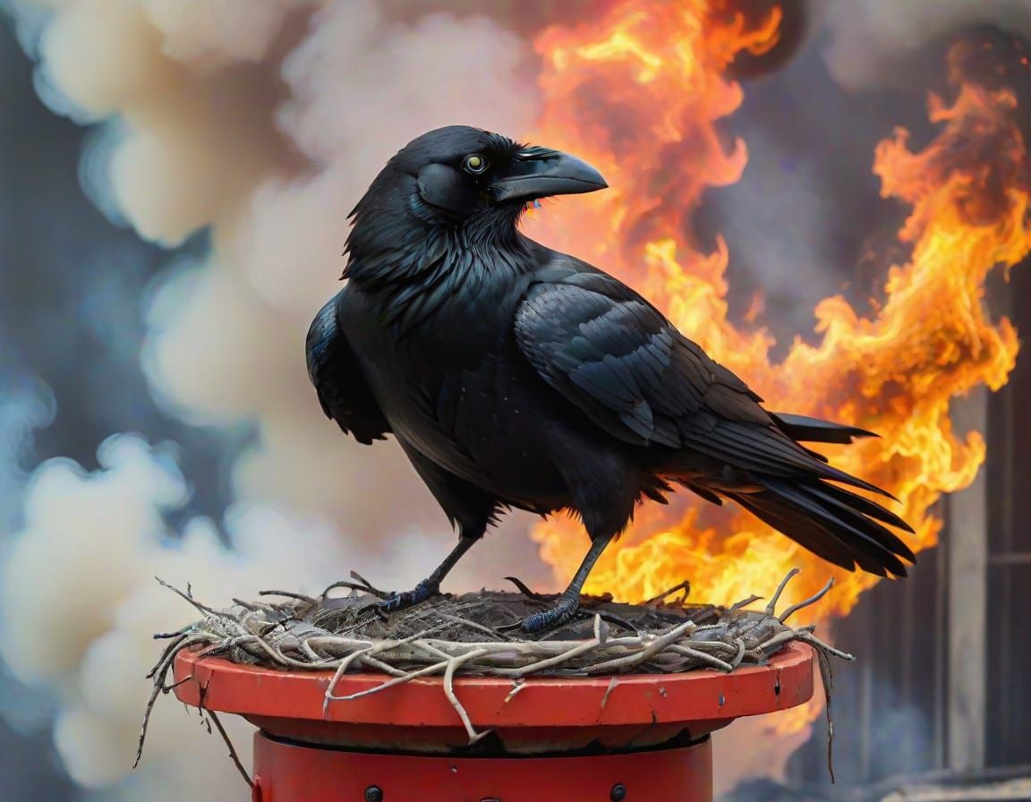 Angry Crow Builds Nest on Fire Alarm