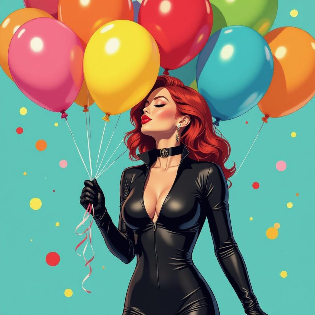 Black Widow Kisses Colorful Party Balloons in Stylized Digit...
