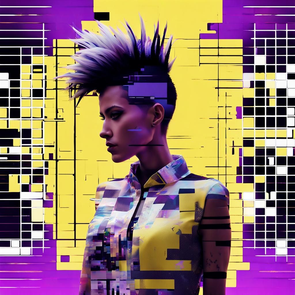 Androgynous Woman with Mohawk in Vaporwave Cityscape