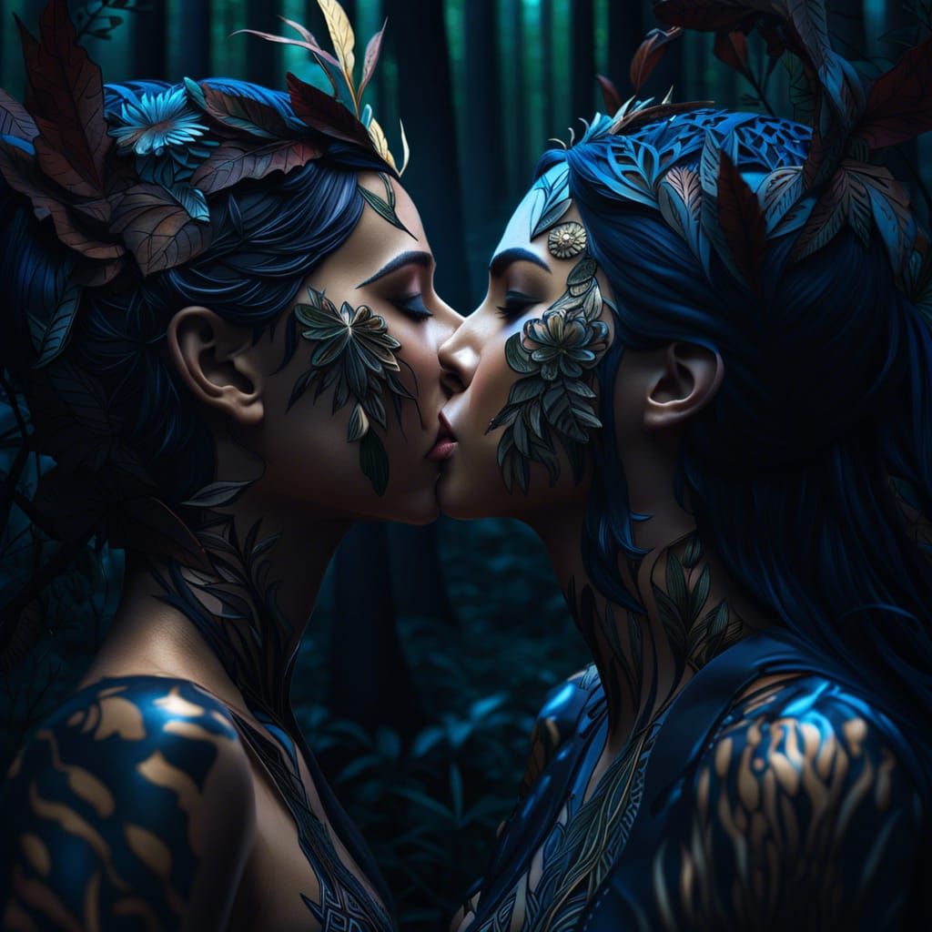 Hyperrealistic Kiss in a Gloomy Forest