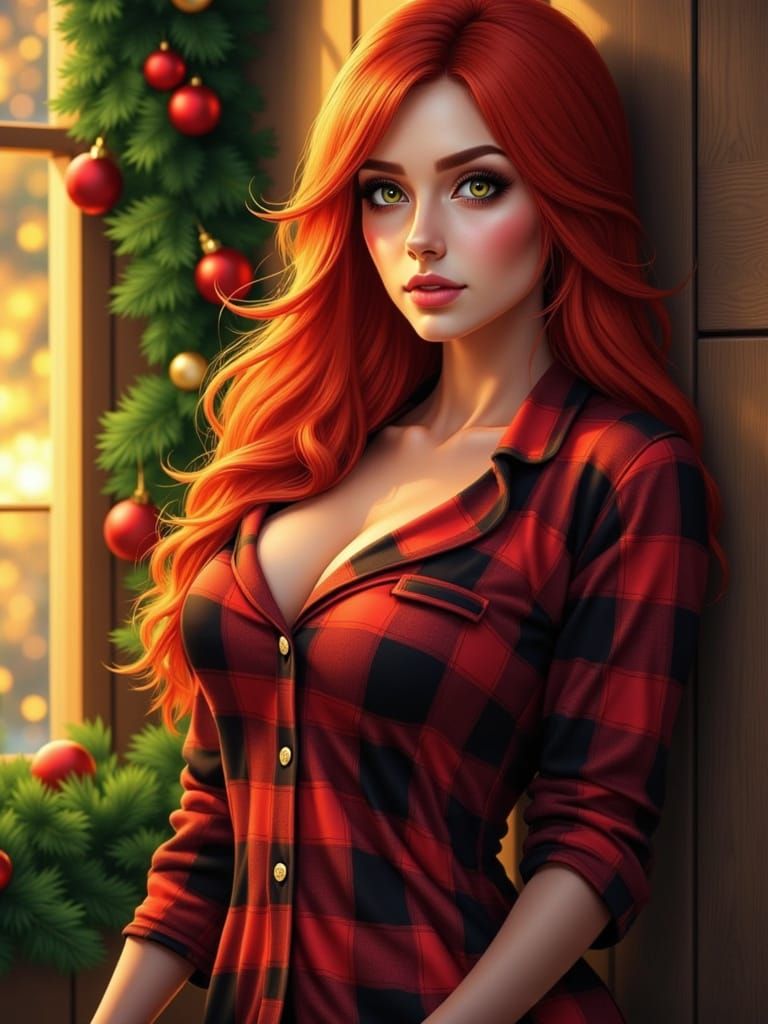 Voluptuous Woman with Red Hair Under Mistletoe