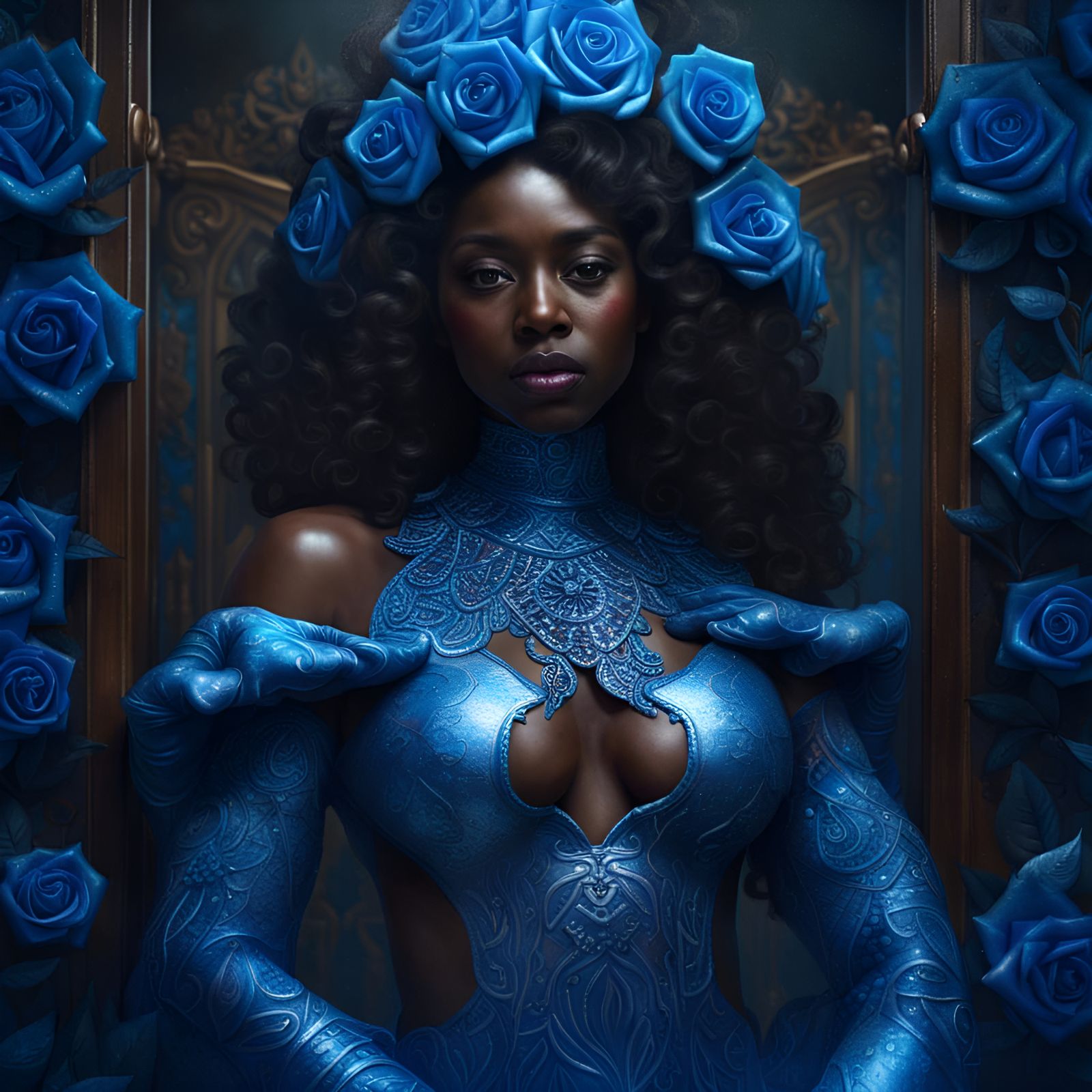 Dark Skinned Woman with Blue Roses, Hyperdetailed Fantasy Ar...