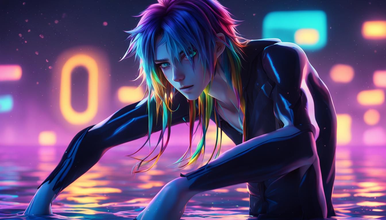 Sensual Emo Neko Boy in Moonlight, Anime Style