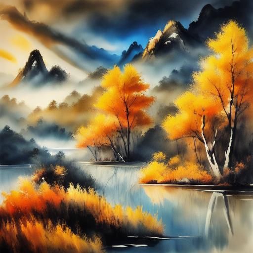Serene Autumn Landscape with Distant Mountains