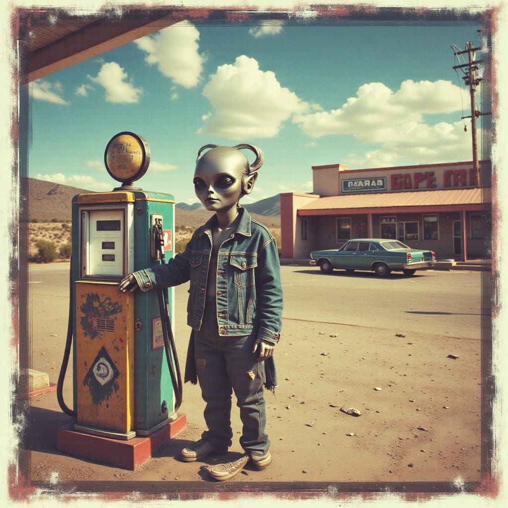Distorted Alien Portrait at Desert Gas Station in Retro Pola...
