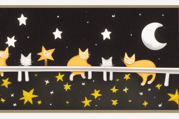 alley cats on a fence at night with moon and stars