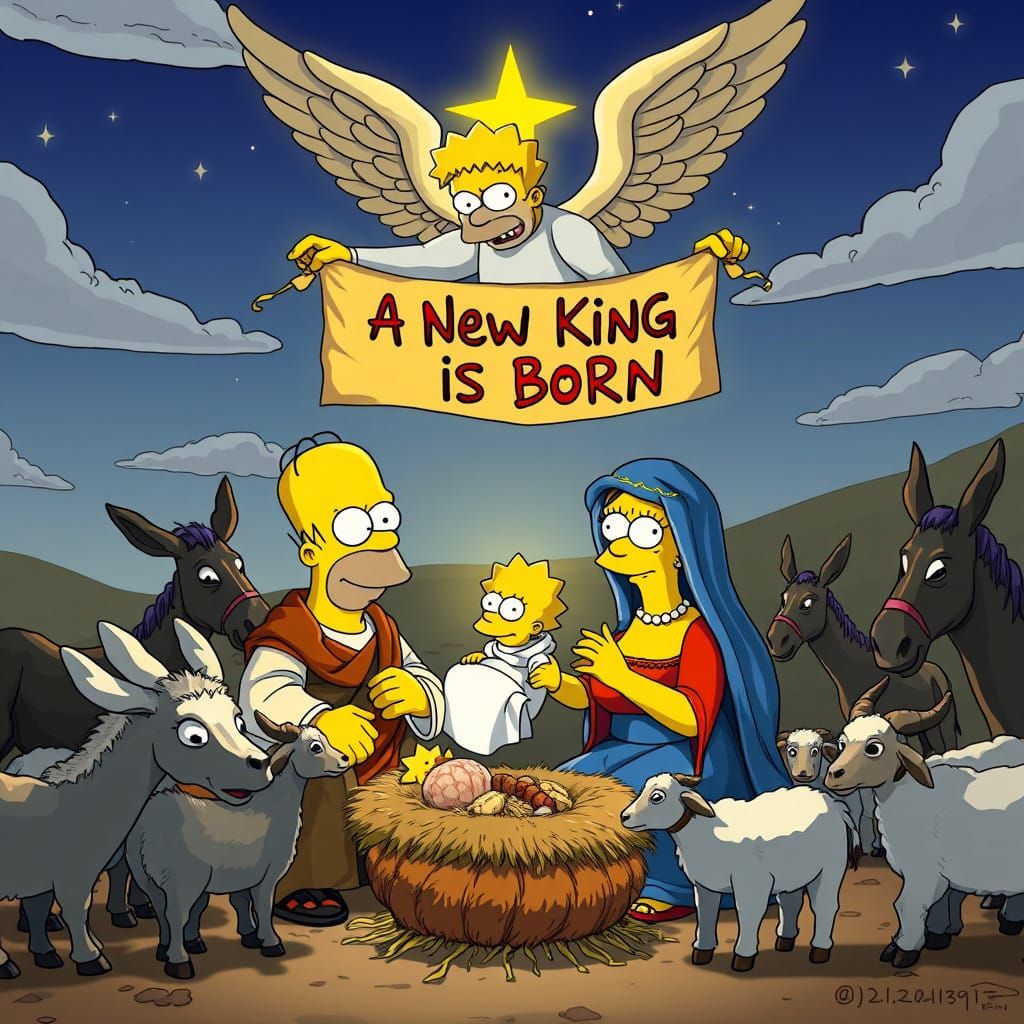 Simpsons-Style Nativity Scene with Hyperrealistic Twist
