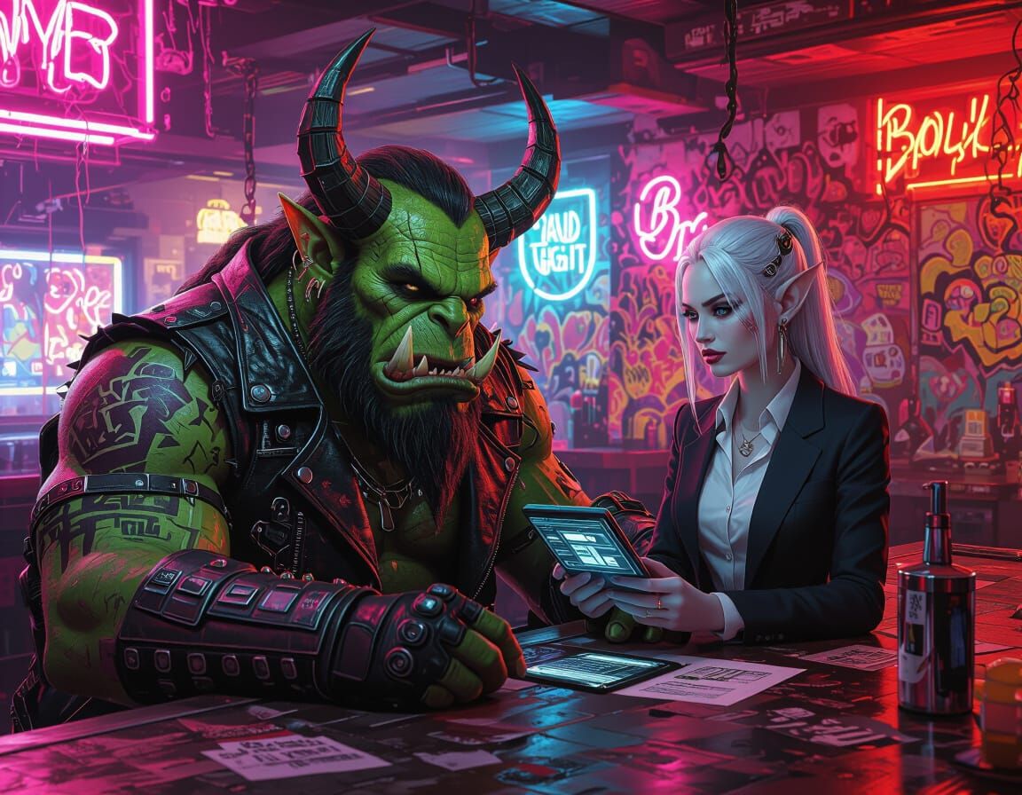 Orc and Elf in Neon London Bar - Cyberpunk Art