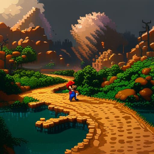 Detailed Pixel Art Mario in Fantasy Concept Art