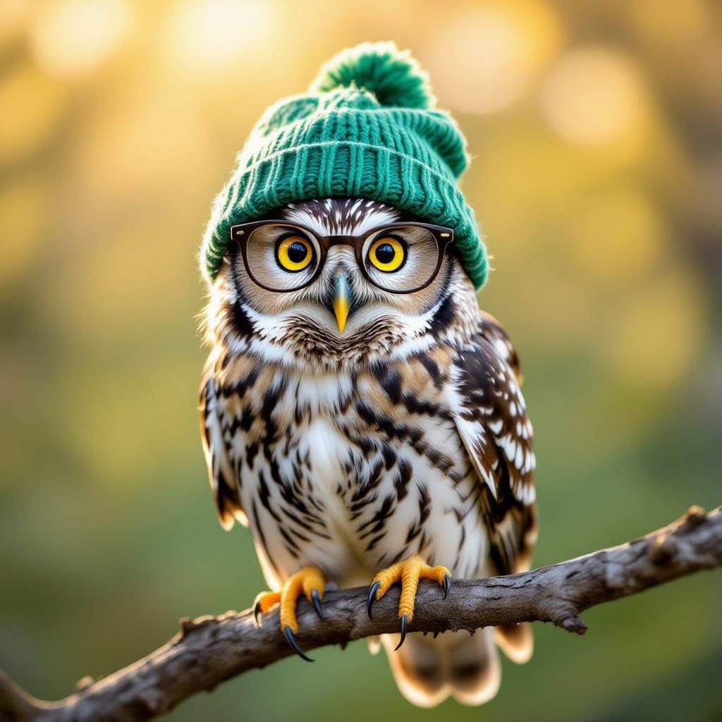 Whimsical Owl with Glasses and Green Hat