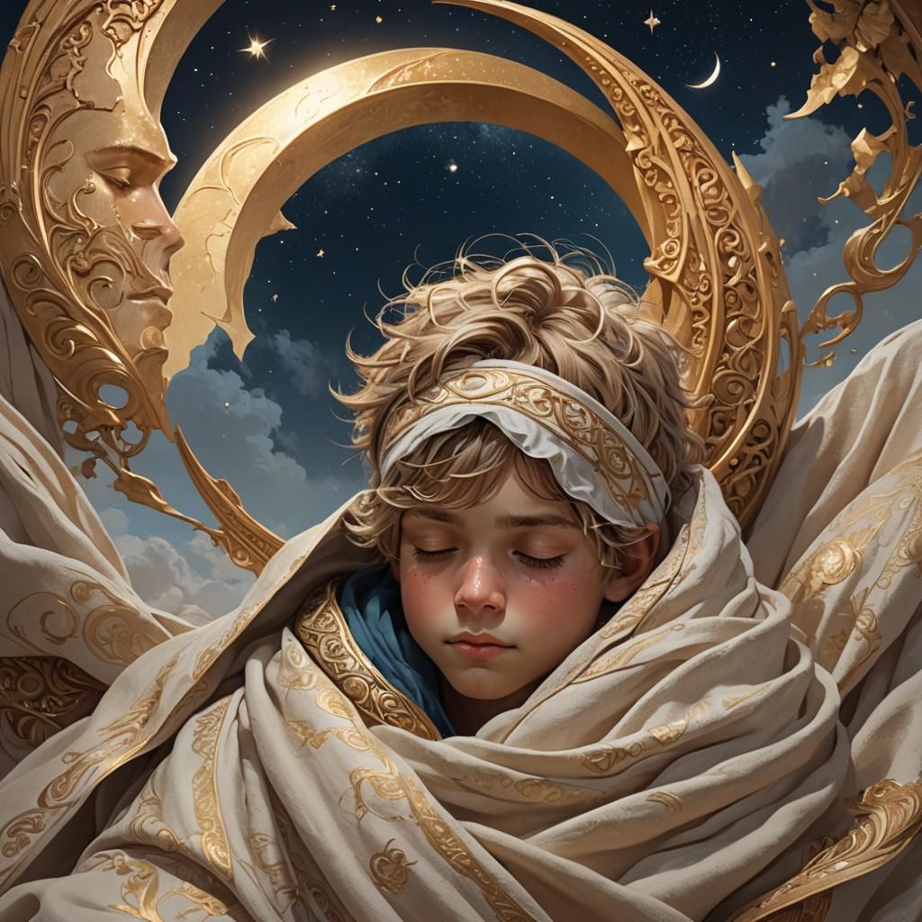 Boy Sleeping in Moon, Fantasy Portrait