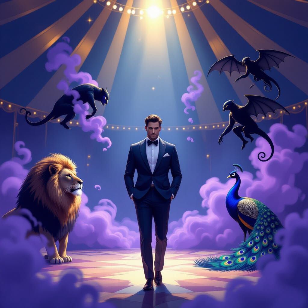 Mental Circus Ringmaster in Dreamlike Big Top Tent