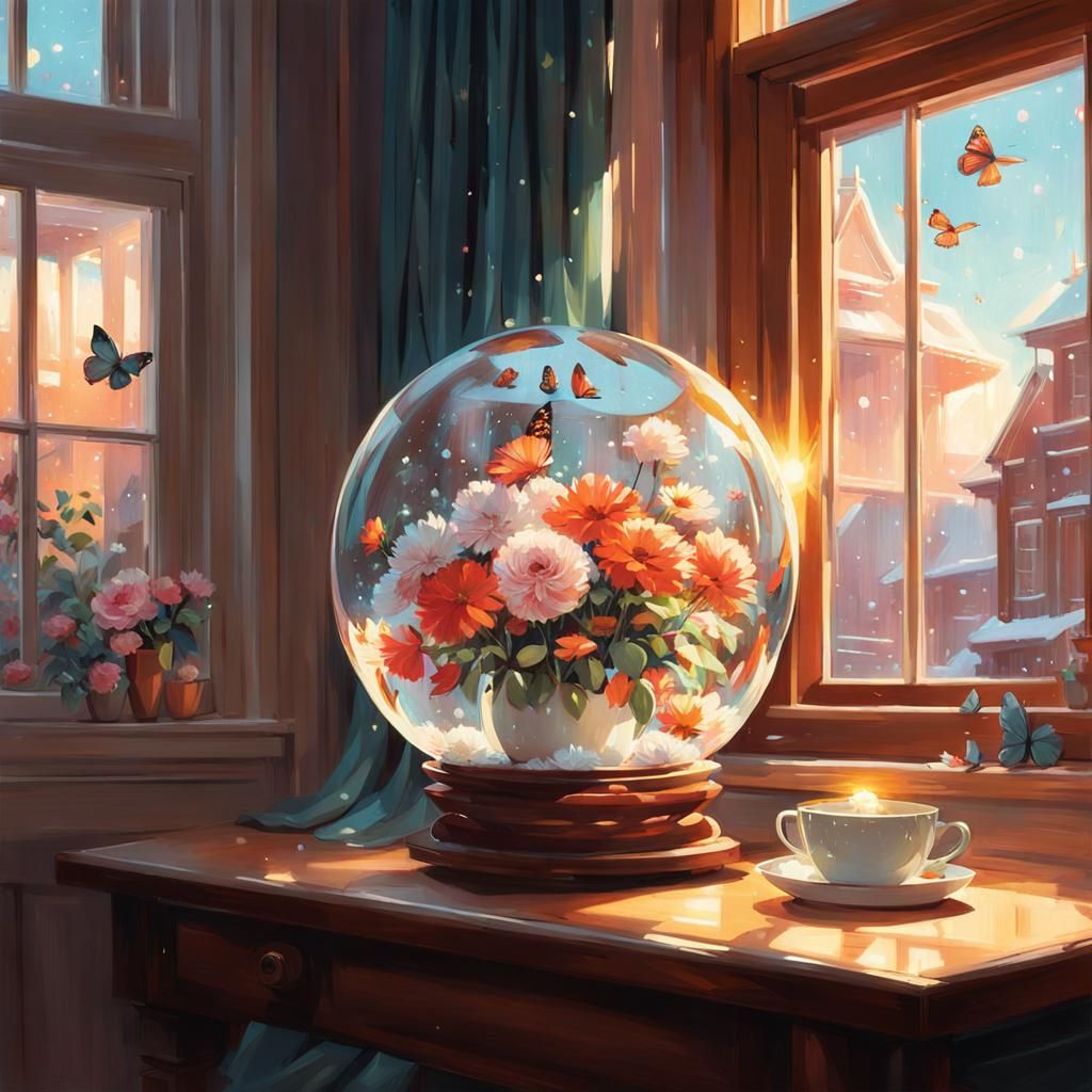 Blooming Snow Globe in Hyperrealistic Digital Art