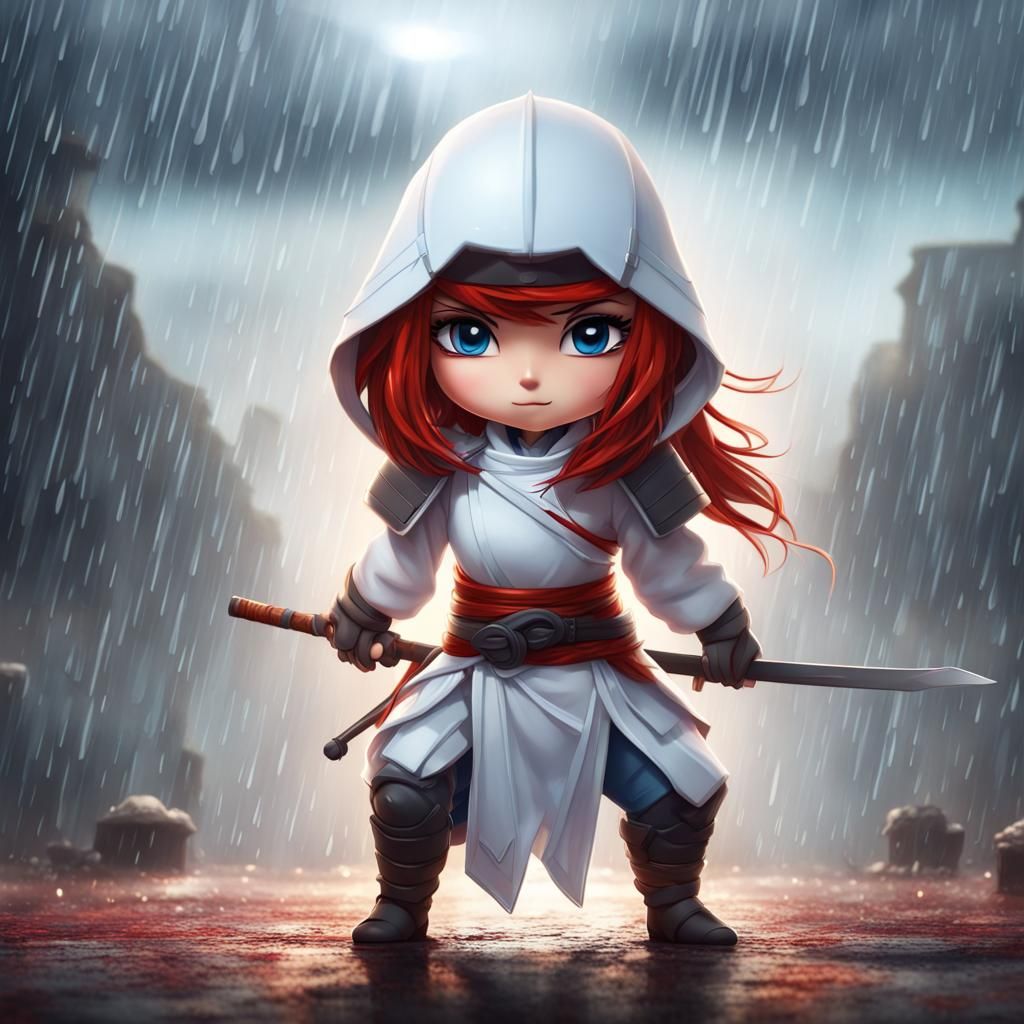 Red-Haired Ninja Woman in Chibi Pixar Style