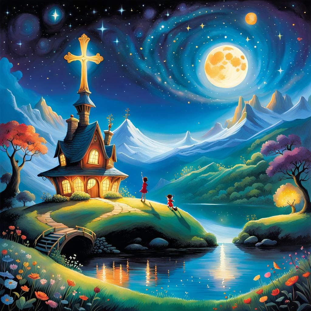 Enchanted Child Artist Paints a Whimsical Night Sky