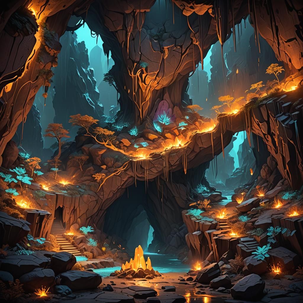 Glowing Cave Art in Fantasy Concept Style