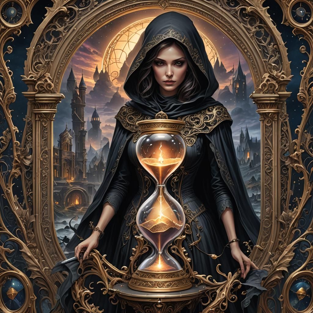 Female Grim Reaper Watches Hourglass in Twilight