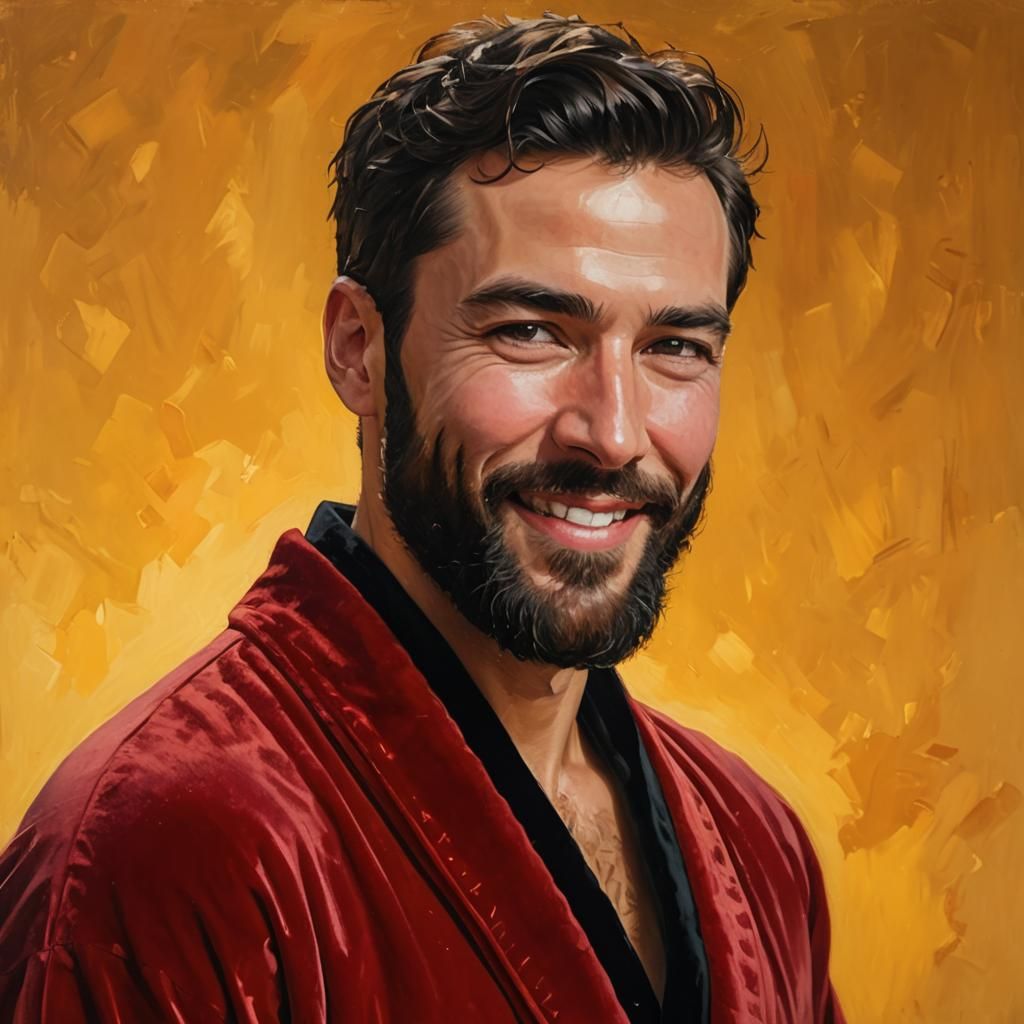 Smiling Man in Red Velvet Robe: Impressionist Oil Painting