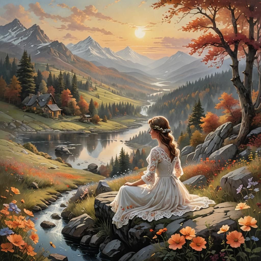 Girl in Floral Dress in Autumn Landscape