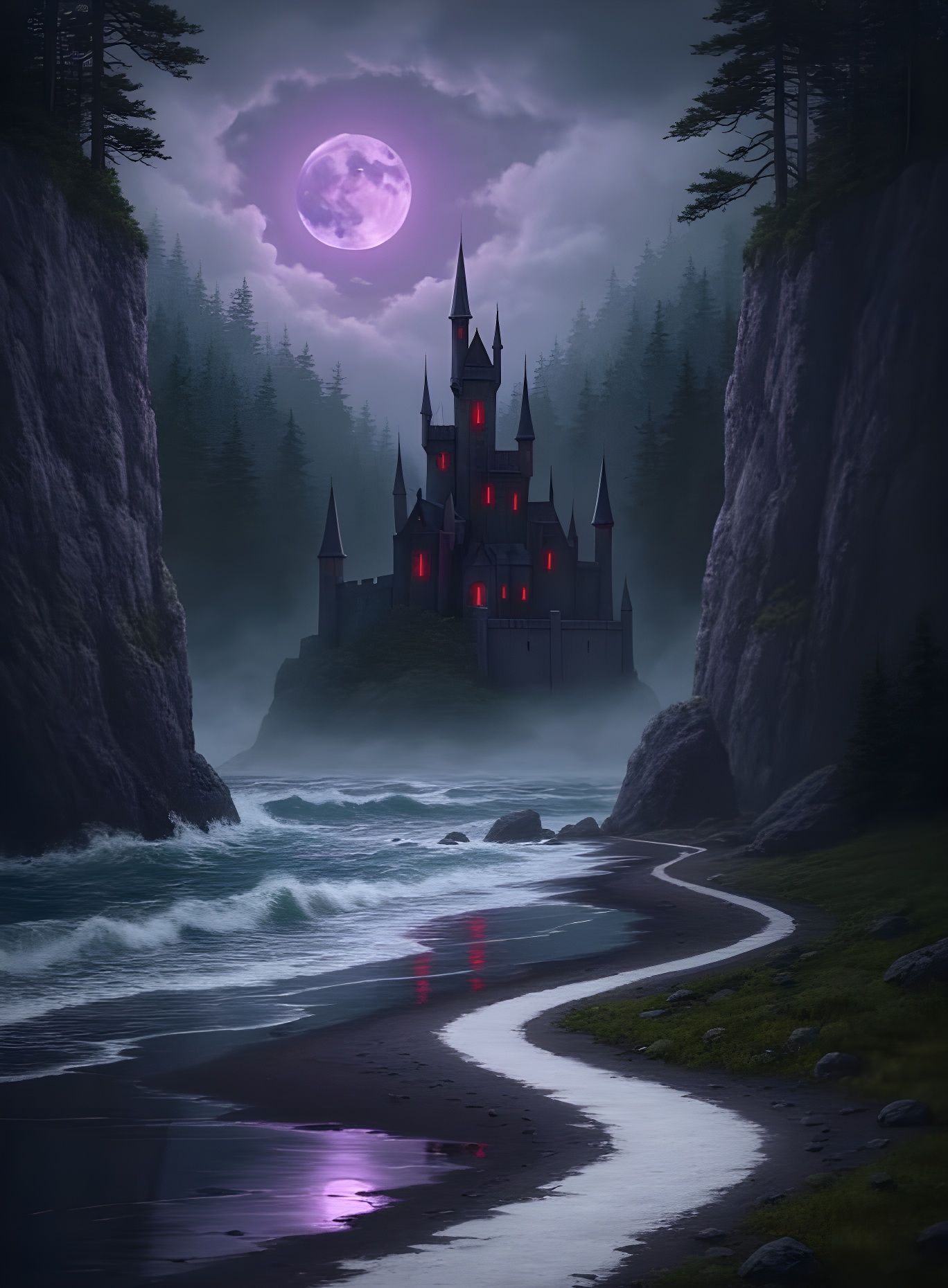 Gothic Castle on Ocean Edge Under Surreal Moon