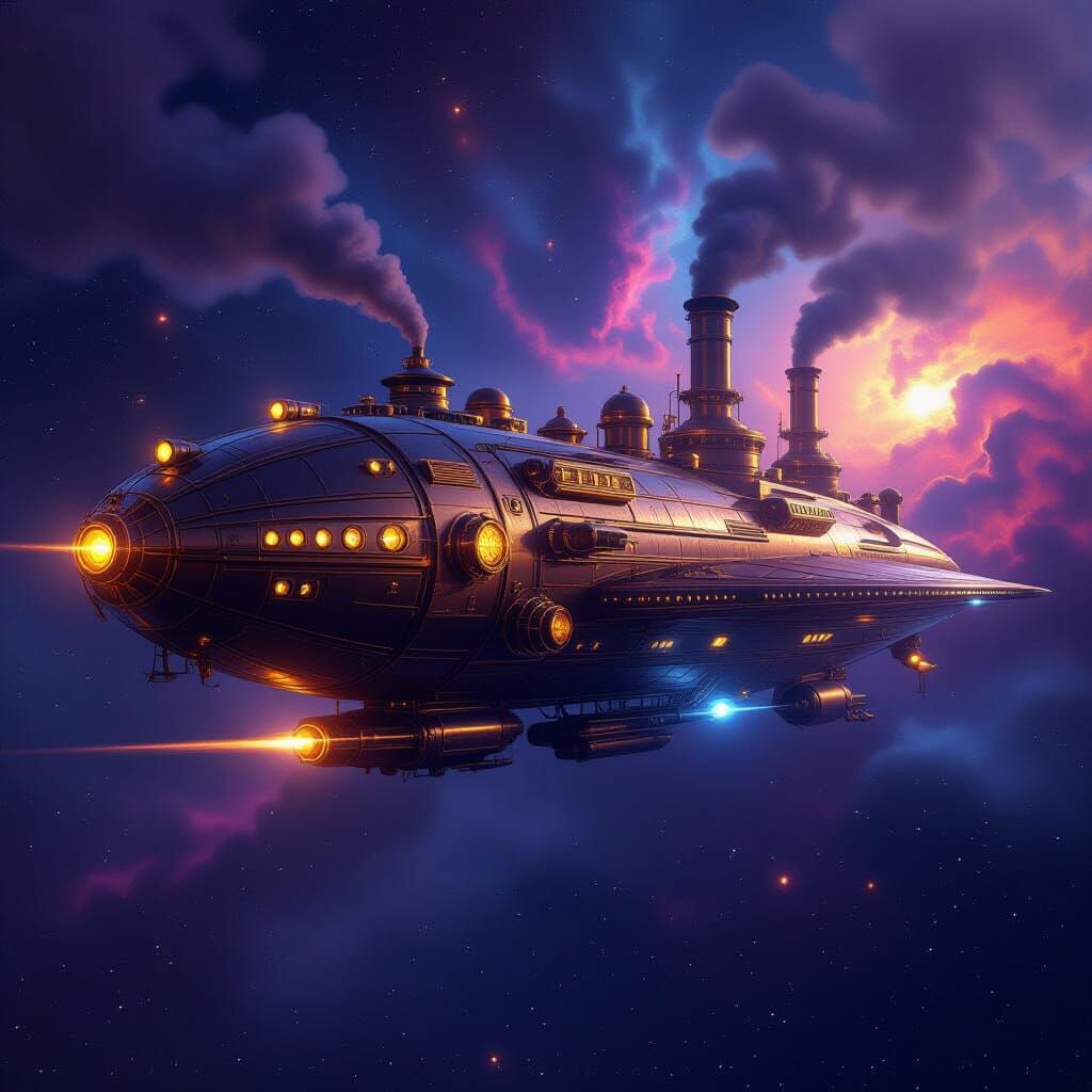 Steampunk Spaceship Navigates Cosmic Nebula