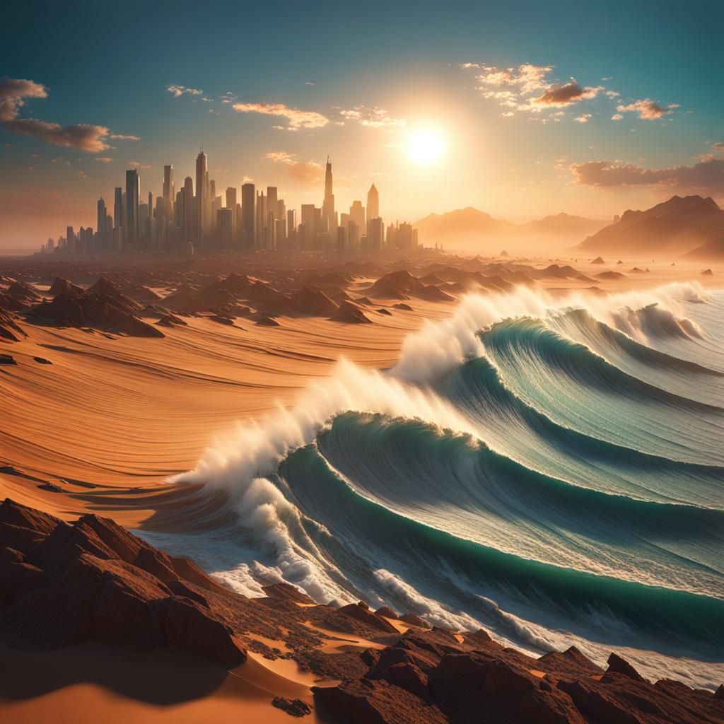 Surreal Desert City Meets Ocean Waves in Vivid Render