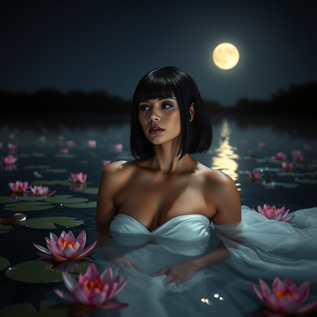 Enchanted Nighttime Goddess with Water Lilies