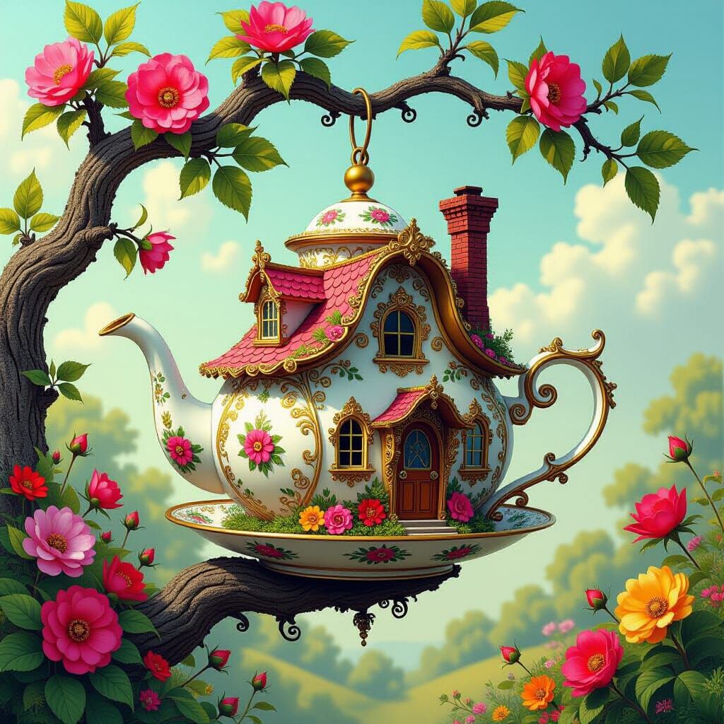 Whimsical Teapot House on Apple Tree Branch
