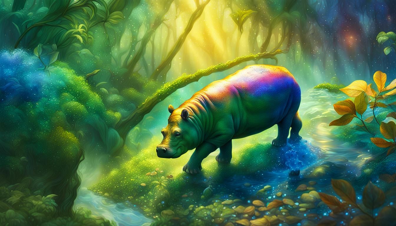 Pygmy Hippopotamus in Lush Jungle, Fantasy Realism