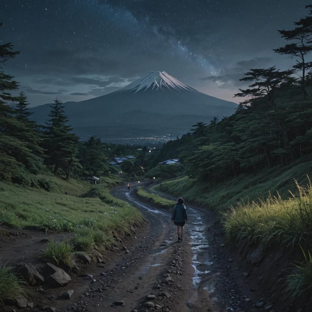 Rainy Night Hike at Mount Fuji: Digital Matte Painting