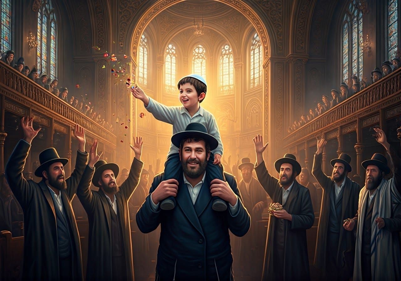 Joyful Candy Toss in Ornate Synagogue Interior