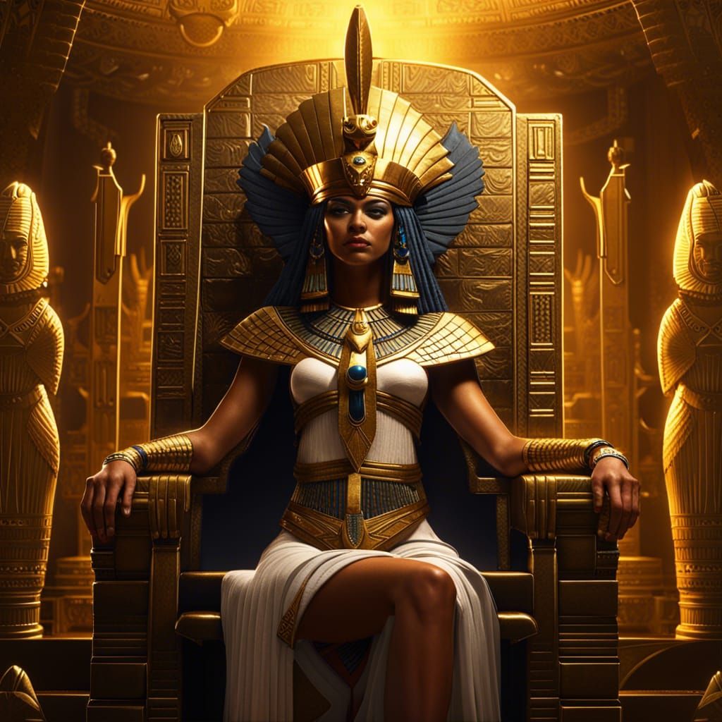 Egyptian Goddess Isis on Golden Throne in Dark Fantasy Style