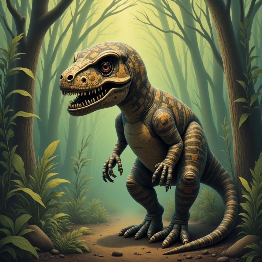 T-Rex in Jungle: Dubuffet-Inspired Art