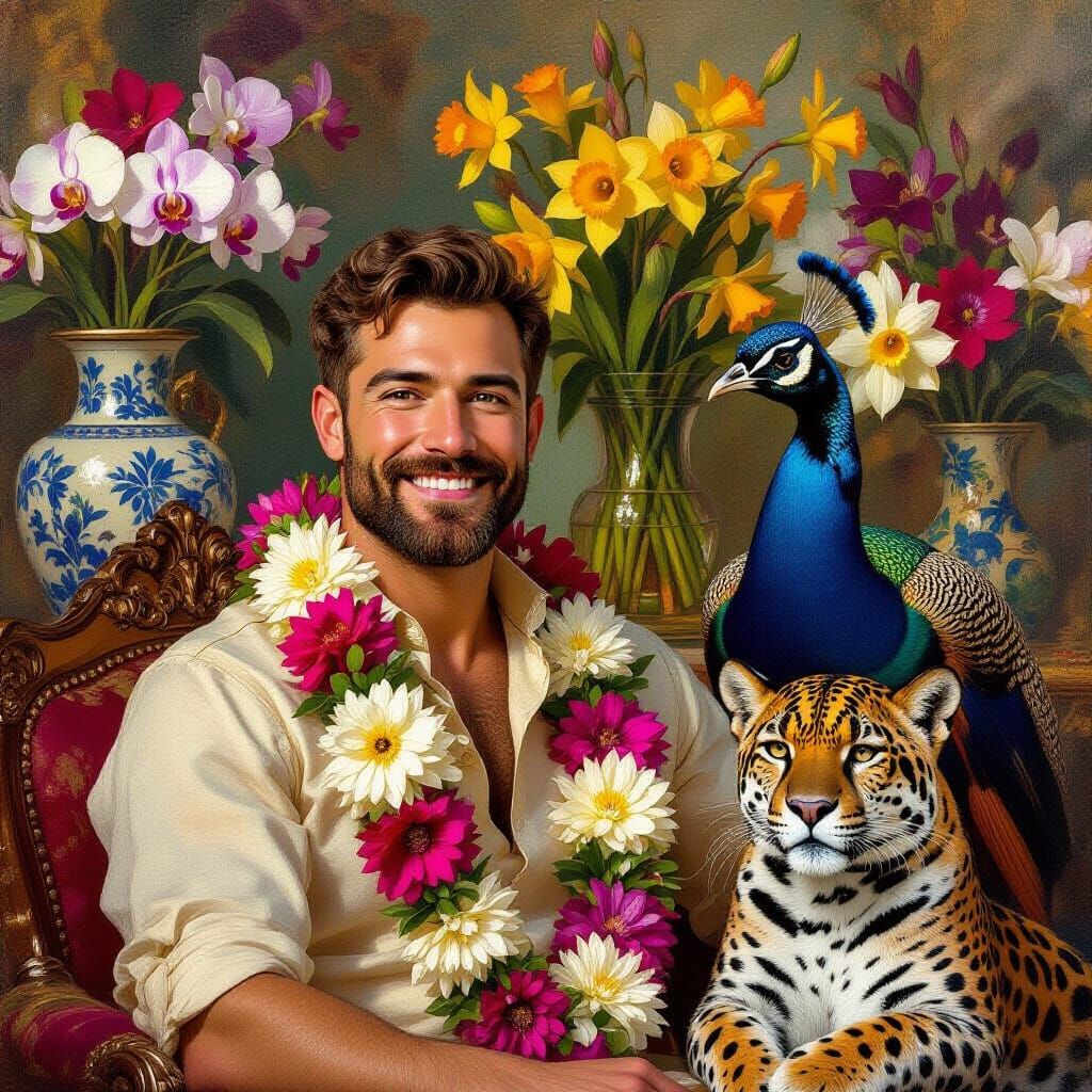 Distinguished Man with Floral Garland and Majestic Animals i...