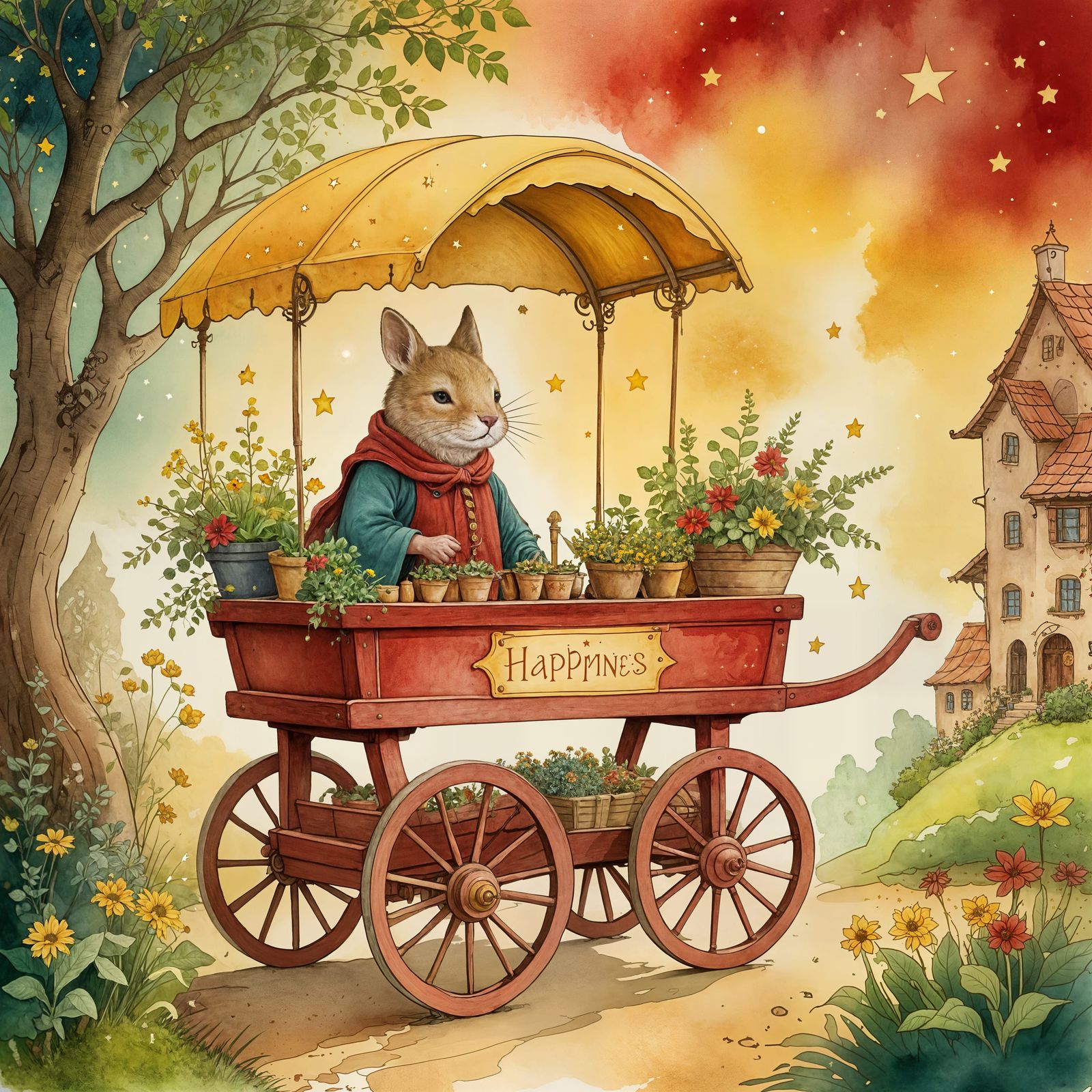 Charming Happiness Merchant Cart Illustration with Watercolo...