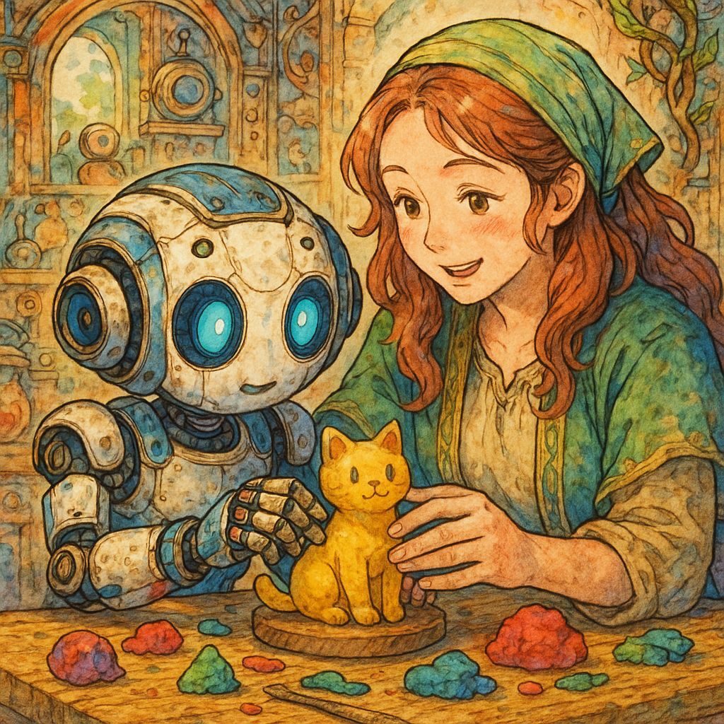 Woman Teaches Robot Clay Art: Sci-Fi Anime Watercolor