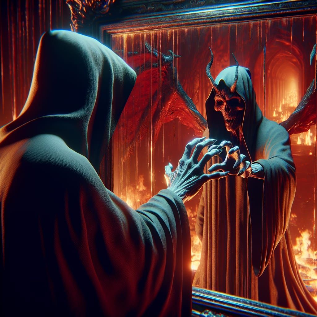 Shadow Entity Reaching Through Mirror in Digital Art