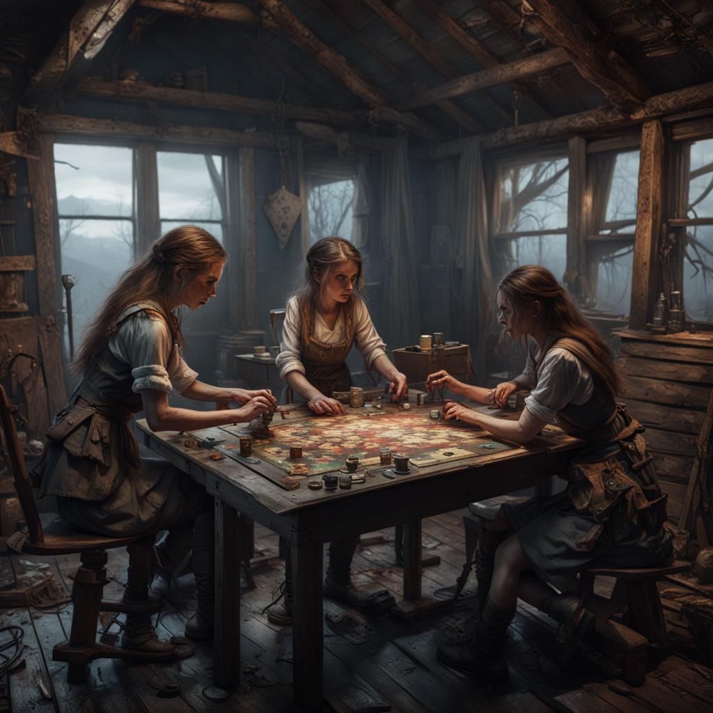 Post-Apocalyptic Sisters Play Board Game in Cabin