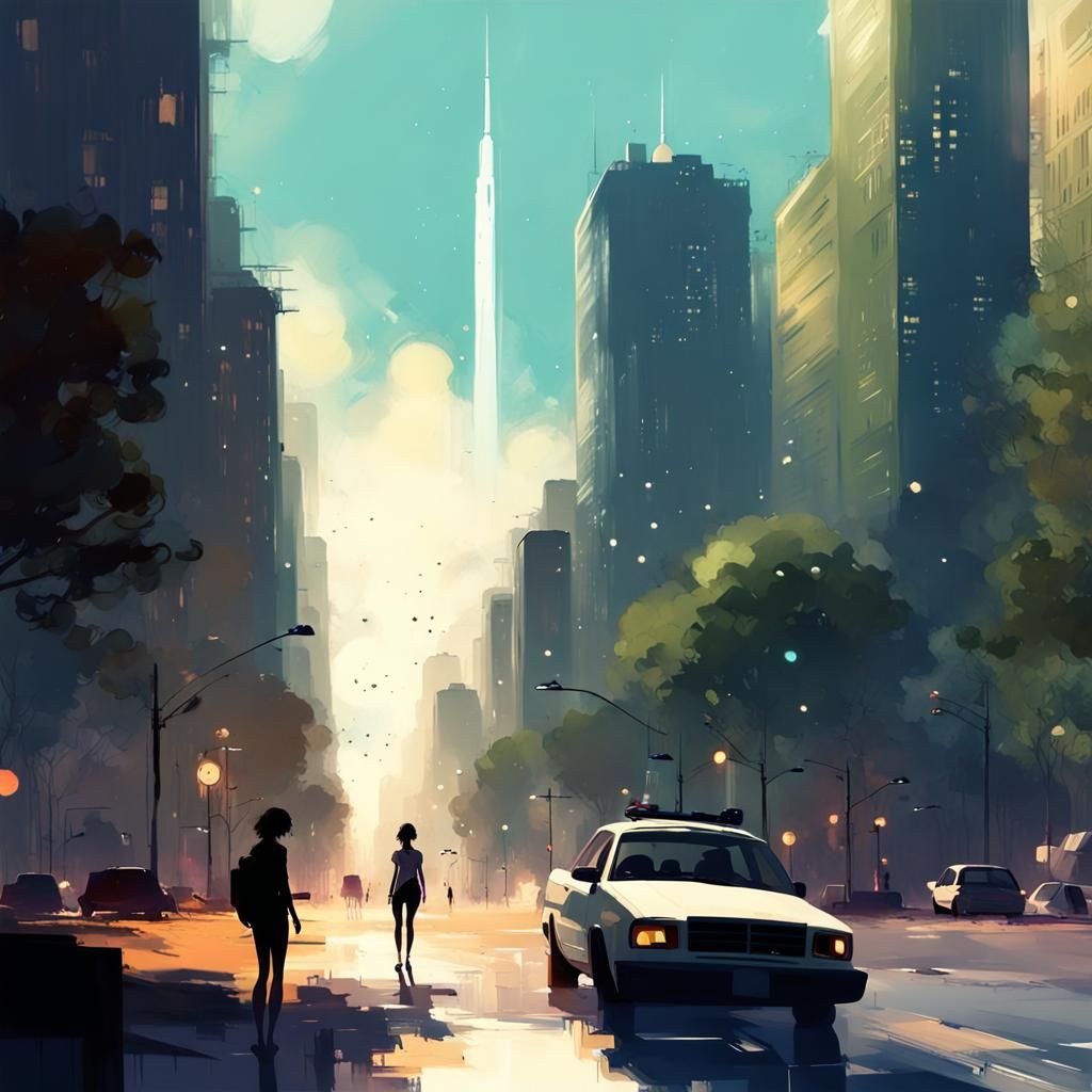 Summer City Street in Digital Art Style