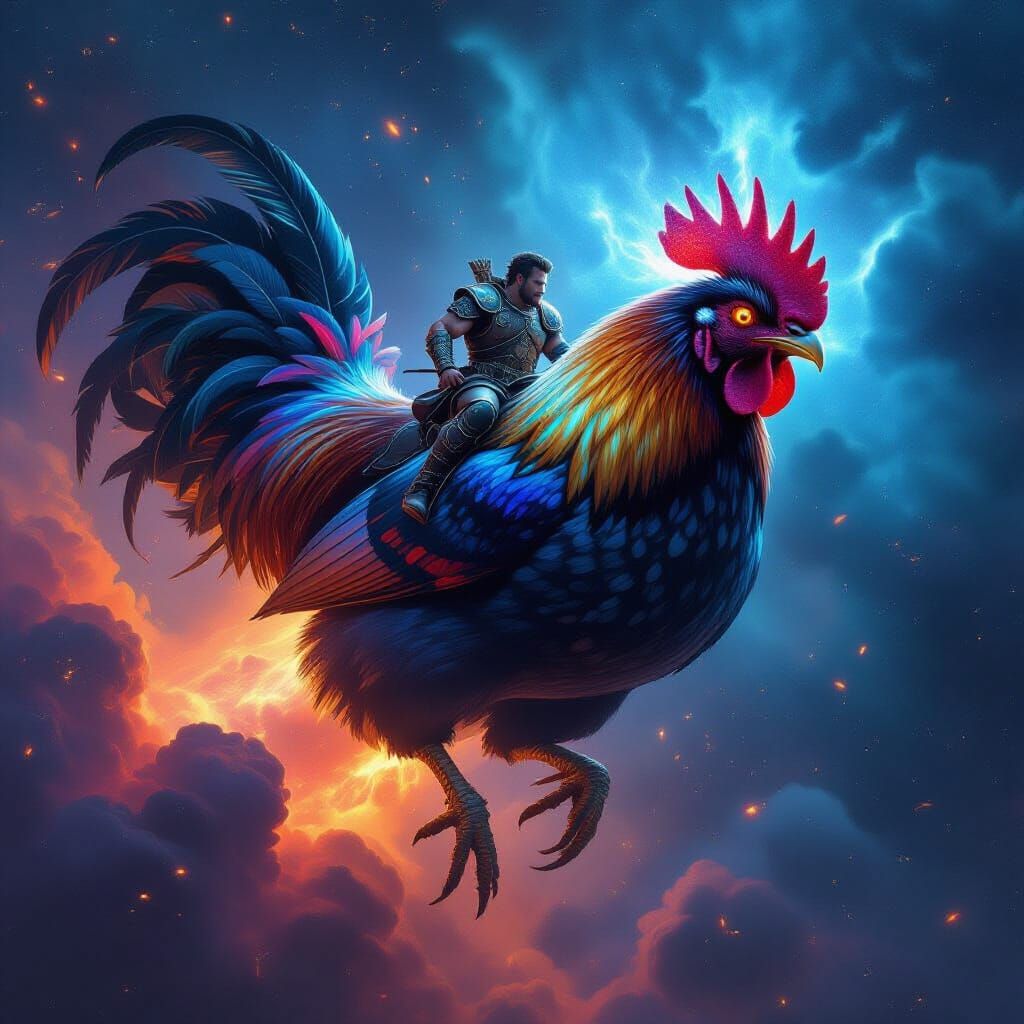 Cosmic Chicken Gallop: Man Rides Terrifying Beast