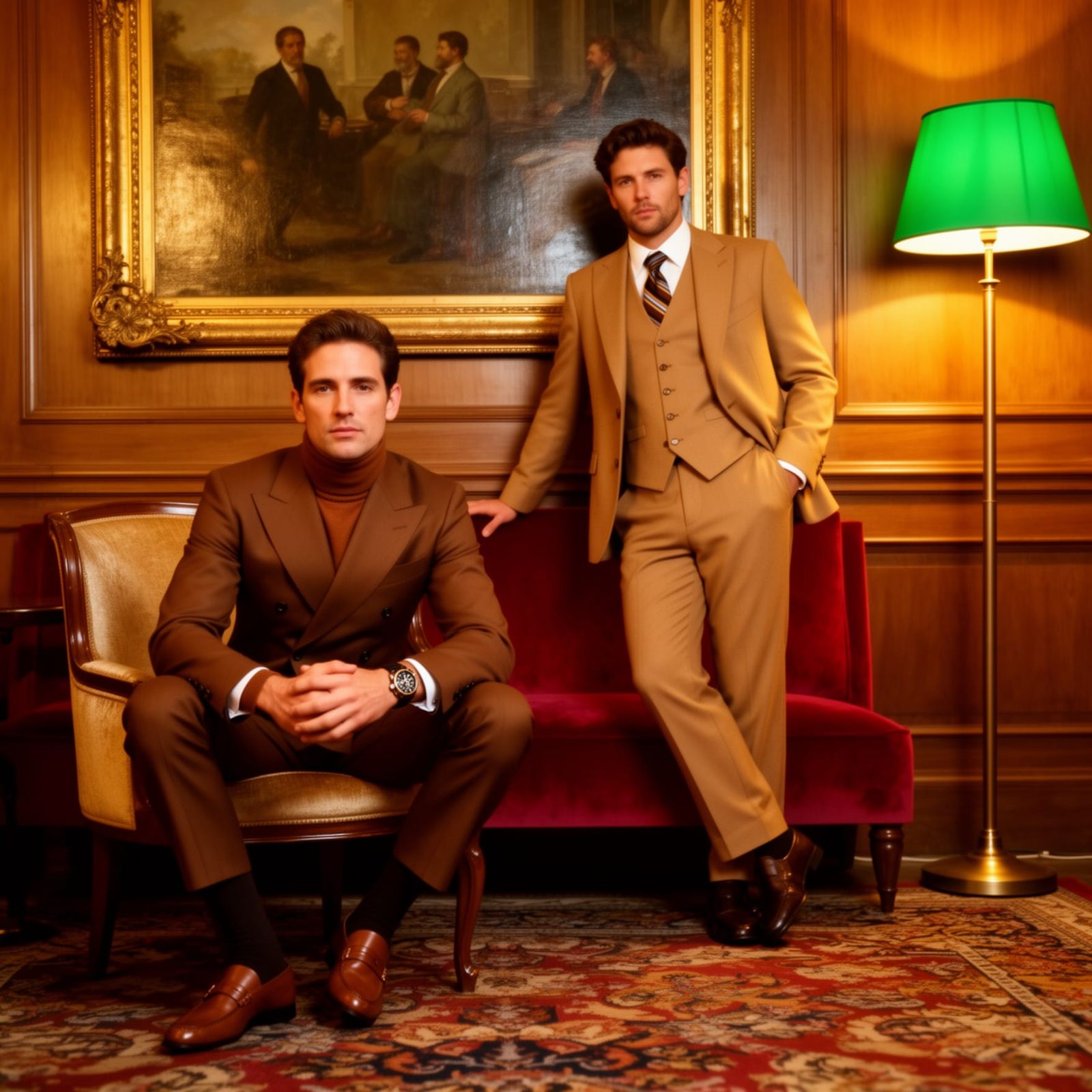 Elegant Men in Vintage Lounge Cinematic Photograph