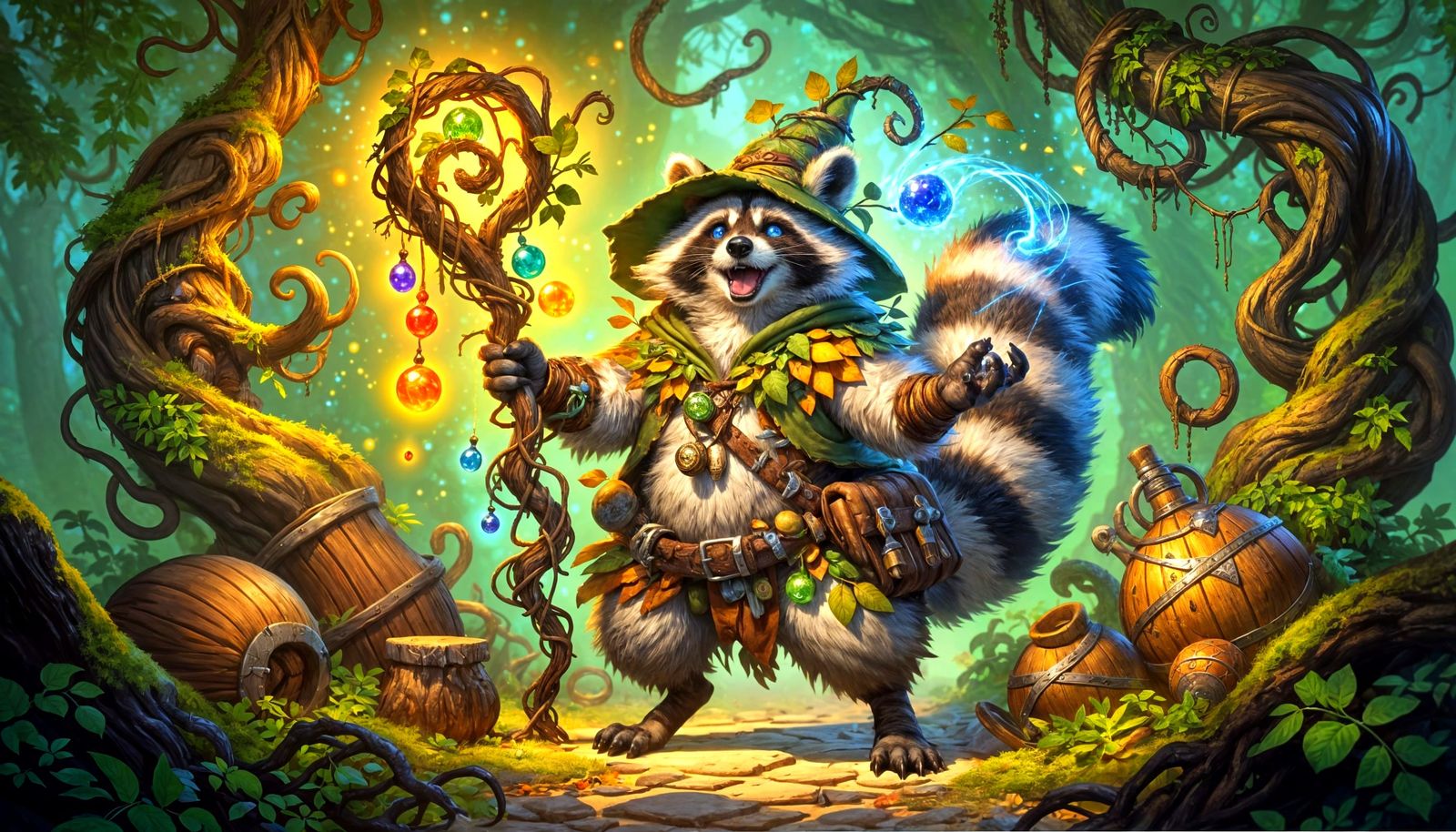 Raccoon Bard Performing Magic in Enchanted Forest